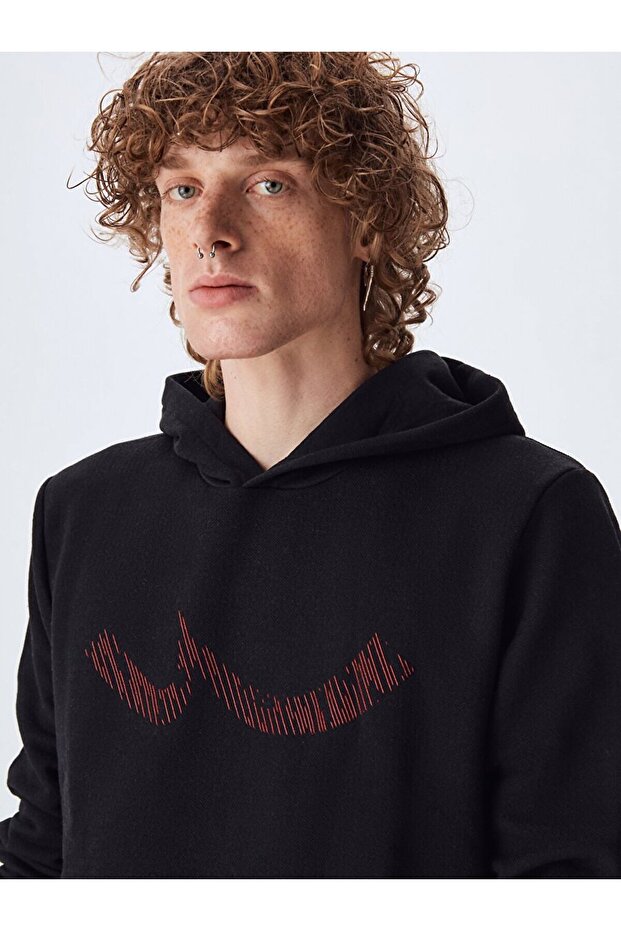 Logolu Kapüşonlu Siyah Sweatshırt - 4