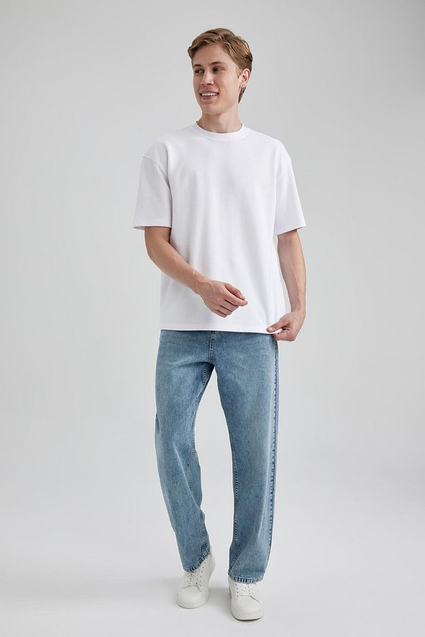 Oversize Geniş Kalıp Bisiklet Yaka Kısa Kollu Basic Düz Ağır Kumaş Tişört X3926az23au - 2
