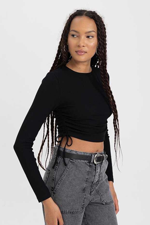 Fitted Basic Uzun Kollu Crop Tişört - 4