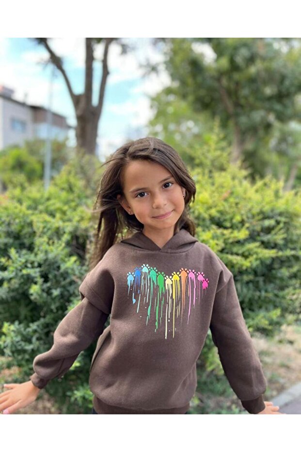 Children's Hooded Paint Paws Printed Brown Sweatshirt