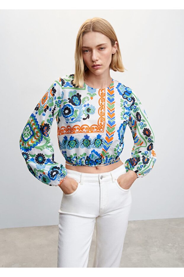 Desenli balon kol bluz - 1