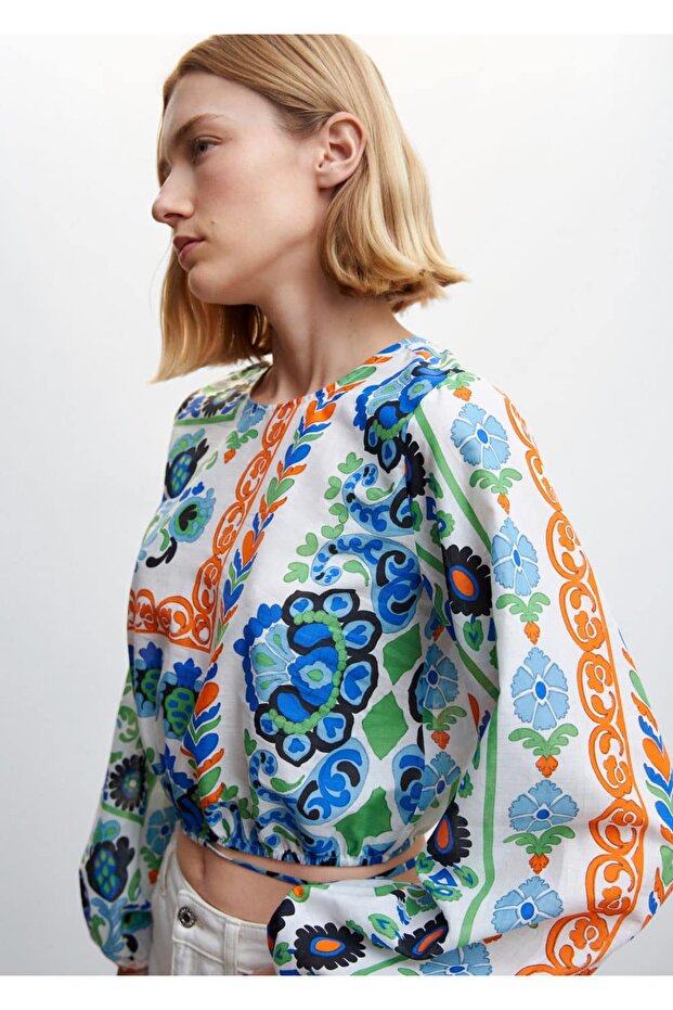 Desenli balon kol bluz - 8