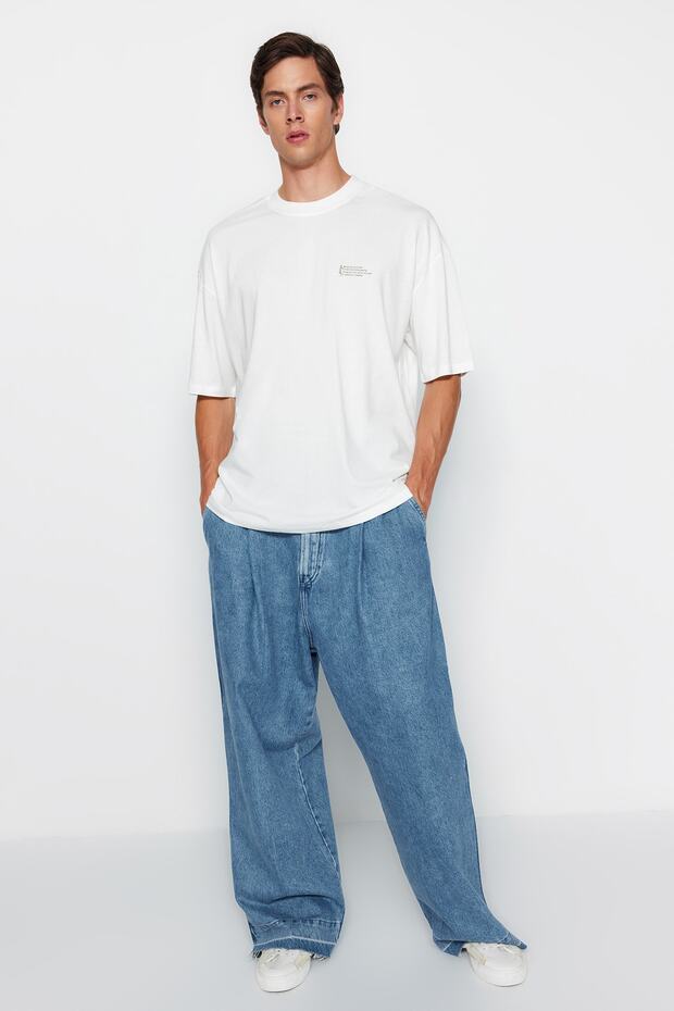 Ekru Oversize %100 Pamuklu Minimal Yazı Baskılı Tok Kumaş T-shirt TMNSS23TS00084 - 5