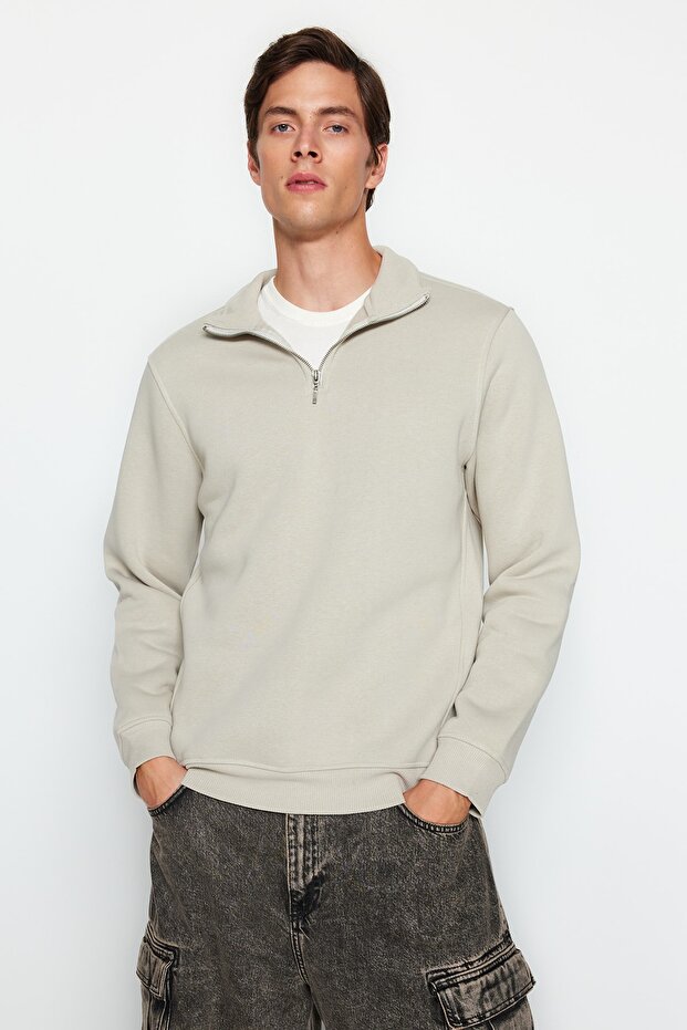Taş Regular/Normal Kesim Dik Yaka Fermuarlı Pamuklu Basic İçi Polarlı Sweatshirt TMNAW24SW00041 - 1