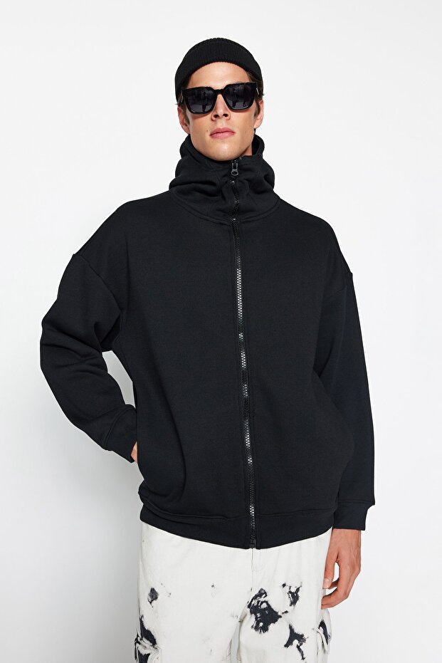 Siyah Oversize/Geniş Kesim Fermuarlı İçi Polar Kapüşonlu Sweatshirt-Hırka TMNAW24SW00049 - 3