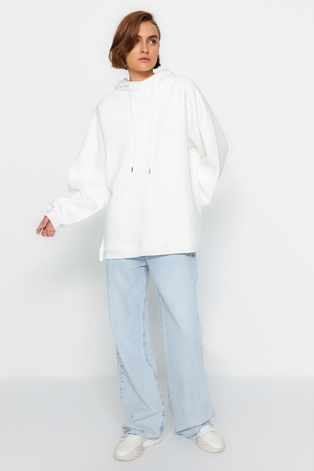 Ekru Kapüşonlu Oversize Şardonlu Örme Sweatshirt - 2