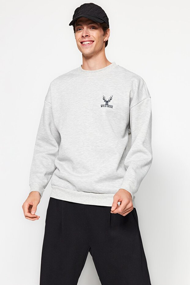 Gri Melanj Oversize/Geniş Kesim Uzun Kol Hayvan Nakışlı Sweatshirt TMNAW24SW00164 - 1