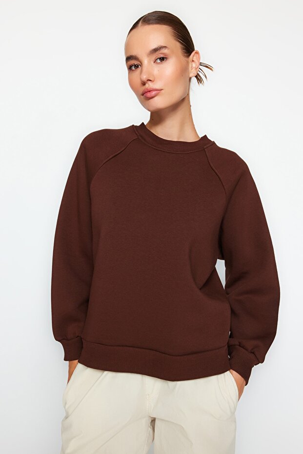 Koyu Kahverengi Relaxed/Rahat Kalıp Basic Reglan Kol Bisiklet Yaka Örme Sweatshirt TWOAW24SW00104 - 4