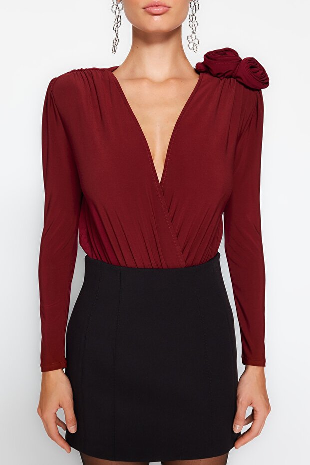 Bordo Kruvaze Yaka Gül Aksesuar Detaylı Body TPRAW24BD00012 - 4