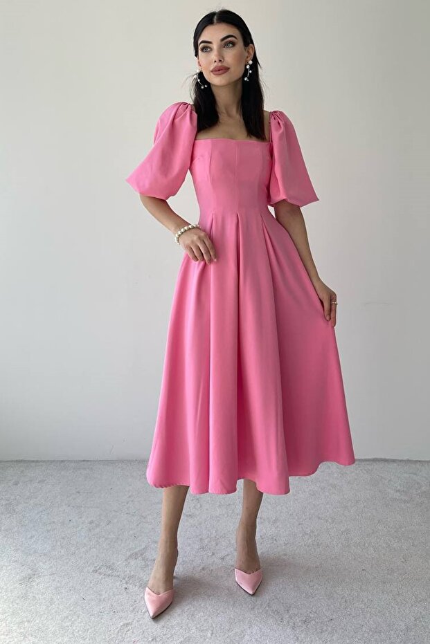 Розова вечерна рокля без презрамки с яка и плисирана разкроена плат Атлас, разкроена, дълга миди с къси балонени ръкави 167 - 5