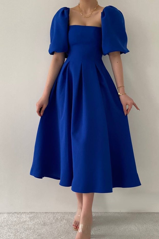 Atlas Fabric Strapless Collar Pleated Flared Cut Midi Length Short Balloon Sleeve Cobalt Blue Evening Dress 167