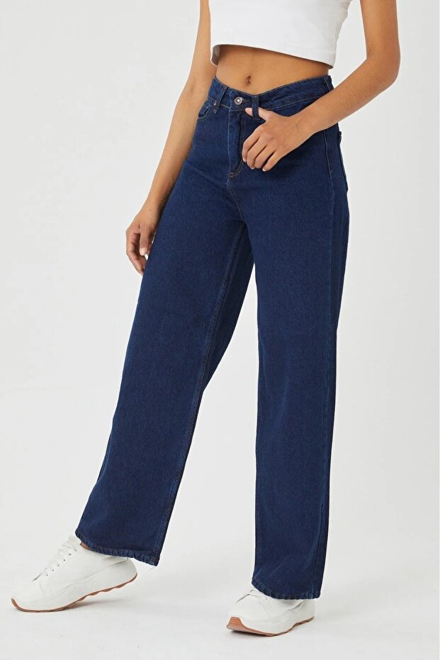 Peneloppe Women's Navy Blue High Waist Wide Leg Denim Jeans Loose