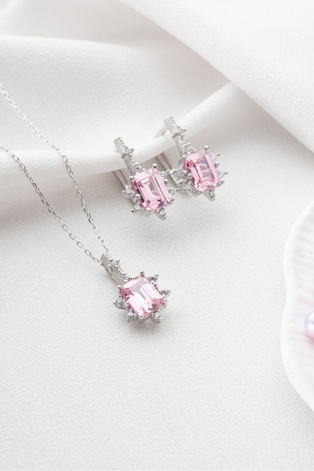 925 Ayar Gümüş Pembe Baget Taşlı Küpe Ve Kolye Set - 3