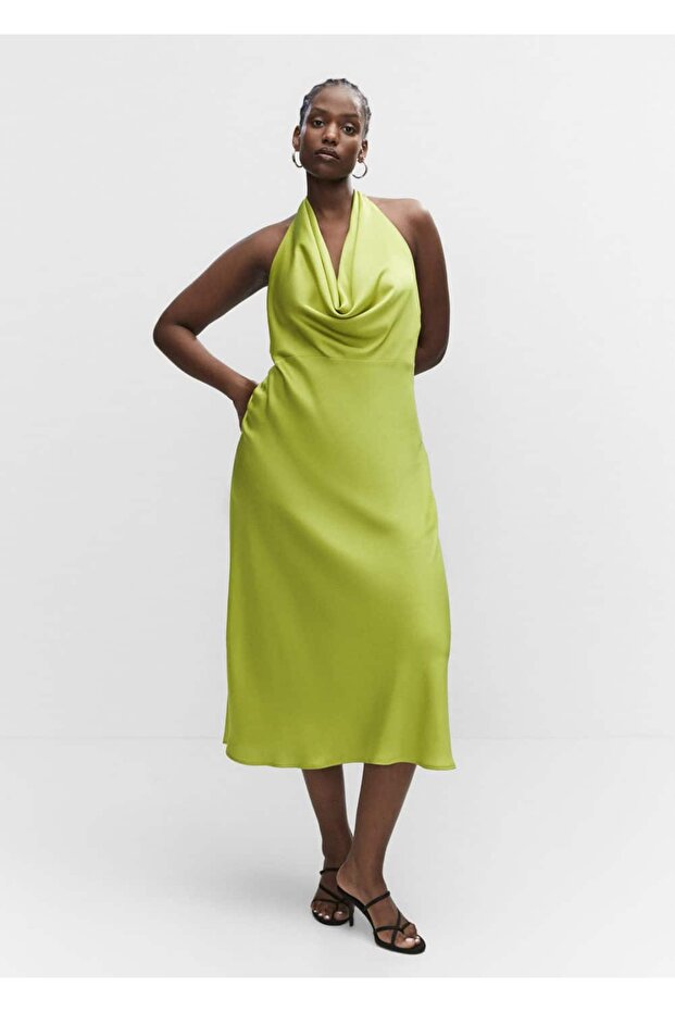 Drape Yaka Saten Elbise - 5