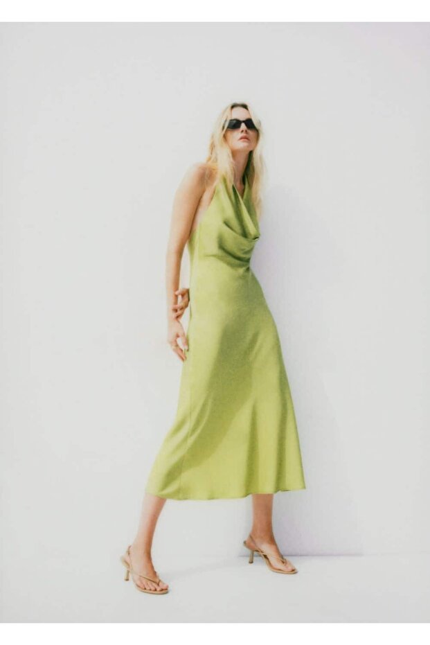 Drape Yaka Saten Elbise - 7