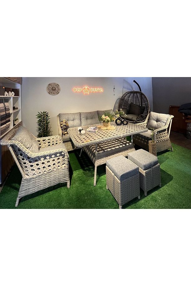 Lumar Rattan Bahçe Mobilyası Bahçe Takımı Oturma Grubu 3'lü - 7 Kişilik Bahçe Takımı - 6