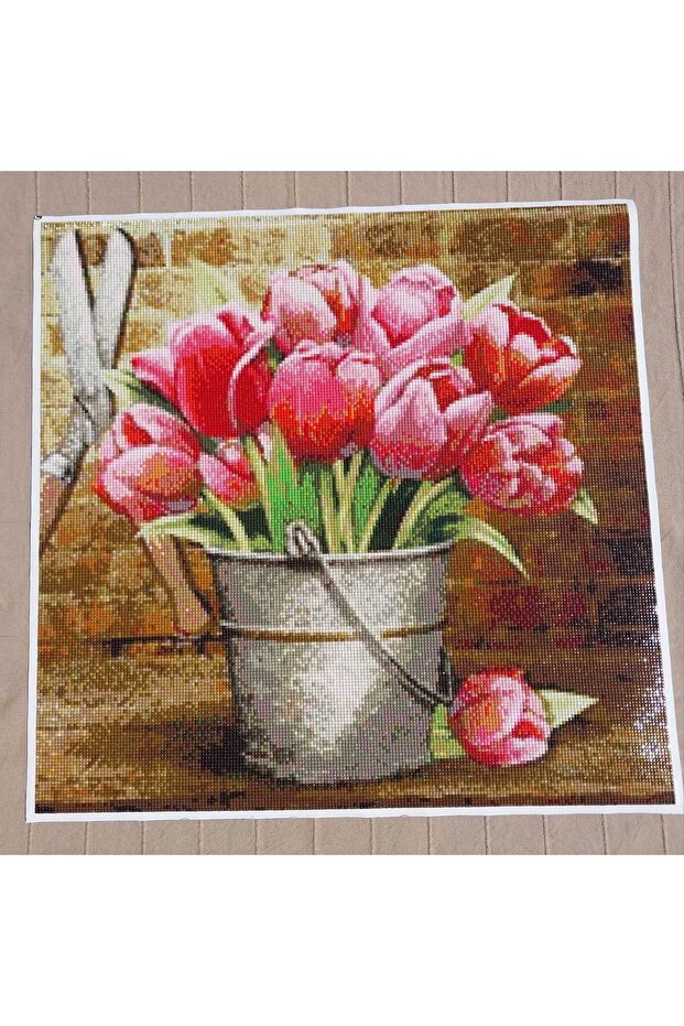 Bakır Saksıda Çiçekler Kristal Boncuk Tablo 51 X 51 Cm. (İŞLENMİŞ HAZIR HALDE) - 1