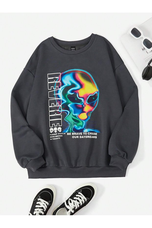 كود ADR-SHEN Coolane Alien & Slogan Graphic Drop Shoulder Sweatshirt