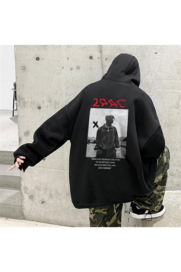 سويت شيرت بقلنسوة كبير الحجم مطبوع باللون الأسود للجنسين من 2Pac Shakur