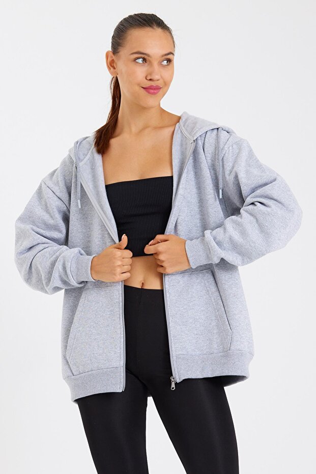 Gray Kangaroo Pocket Hooded Zippered Cotton Inside Women's Cardigan