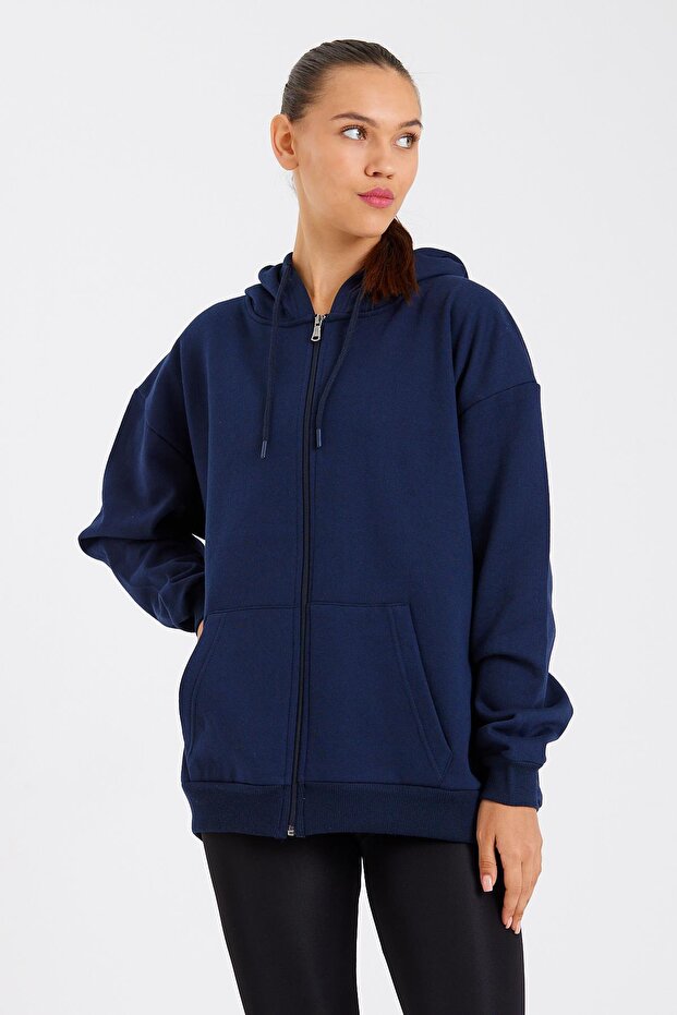 Navy Blue Kangaroo Pocket Hooded Zippered Cotton Inside Women's Cardigan