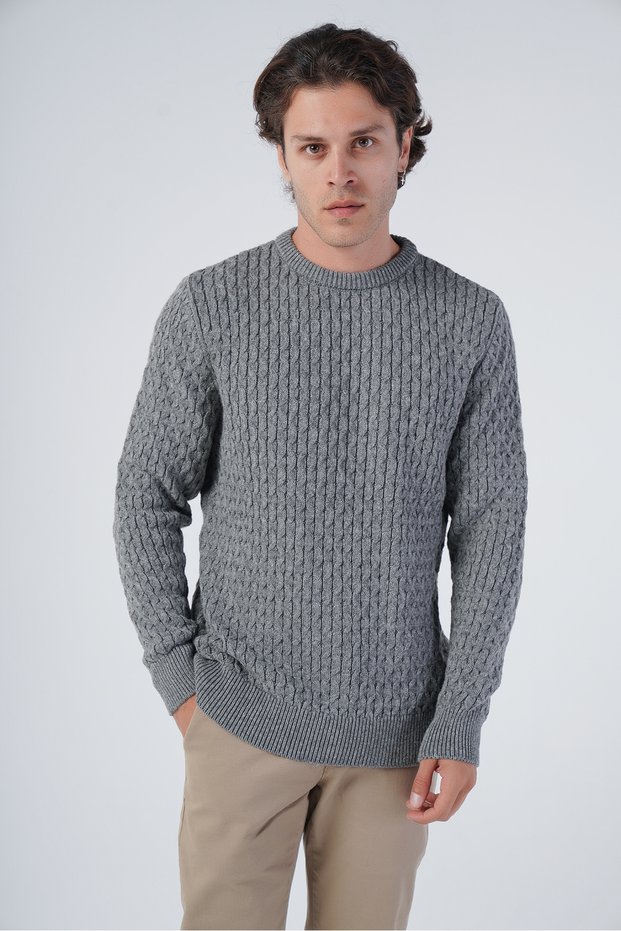 Gray Men's Running Angora Cotton Crew Neck Knitwear Wool Sweater