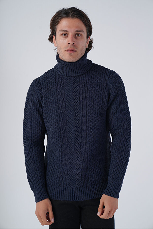 Navy Blue Men's Execution Hair Braided Turtleneck Knitwear Wool Sweater