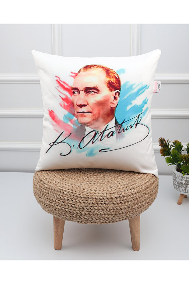 Throw Pillow Cover, Pillow Cover, Patterned Throw Pillow, Ataturk Printed Pillow, 43X43 Throw Pillow
