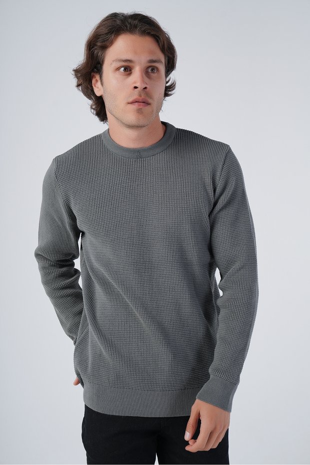 Dark Mint Men's Thessaloniki Knit Patterned Crew Neck 100% Cotton Sweater