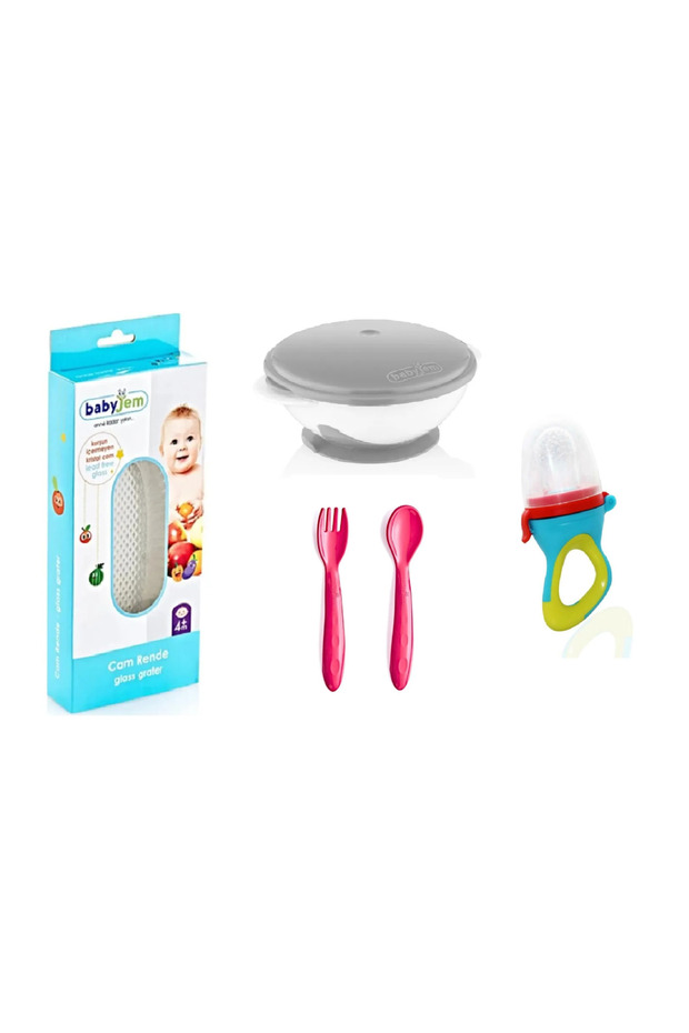 Glass Grater + Vacuum Food Plate + Food Spoon and Fork Set + Fruit and Vegetable Pacifier with Silicone Tip
