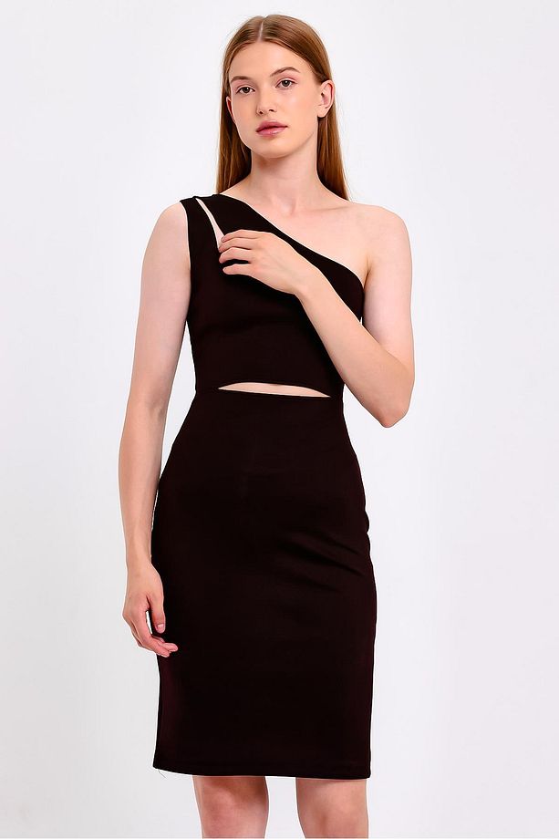 Cut Out Detaylı Tek Omuz Siyah Elbise - 7