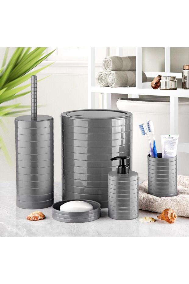 Moblen Gray Round Bathroom Set Set of 5 Trash Can Toothbrush Holder Liquid Soap Dispenser