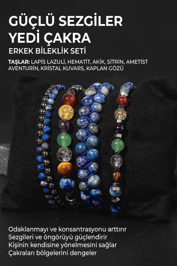 Strong Intuitions & Seven Chakra Bracelet Set with Lapis, Agate, Citrine, Tiger Eye Certified Natural Stone