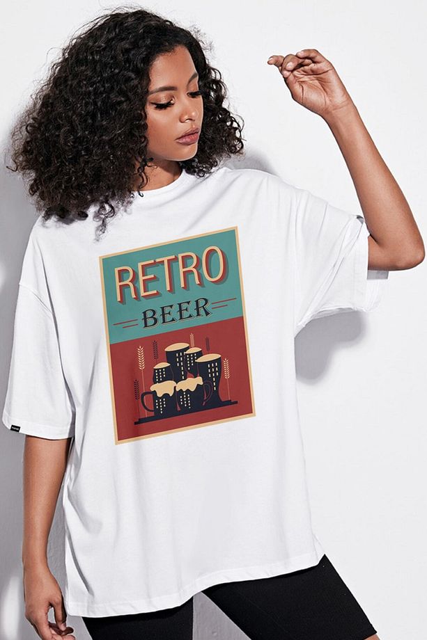 Oversize Retro Beer Baskılı Tshirt - 4