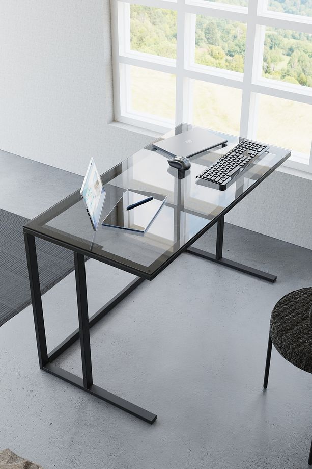 Tekli Desk Çalışma Masası Siyah Ayak Siyah Cam - 2