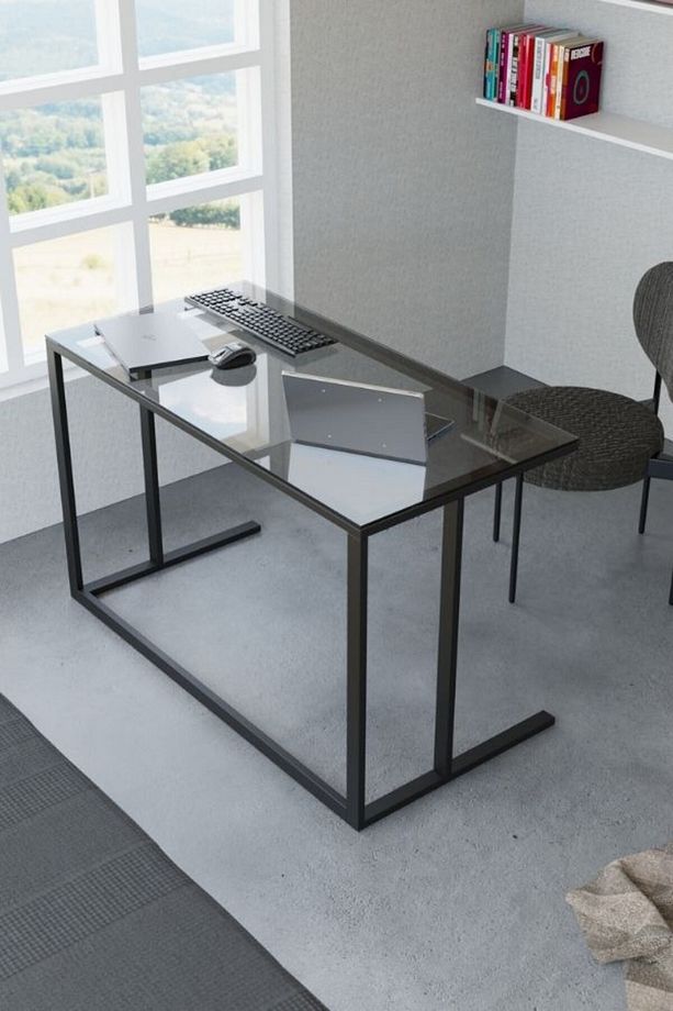 Tekli Desk Çalışma Masası Siyah Ayak Siyah Cam - 1
