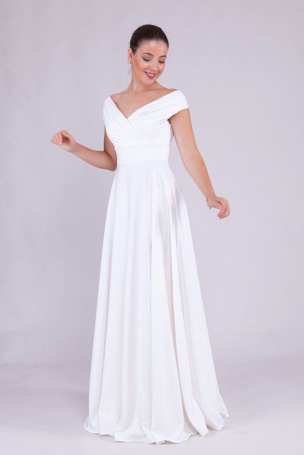 White Maxi Length Boat Neck Draped Woven Fabric Flared Evening Dress