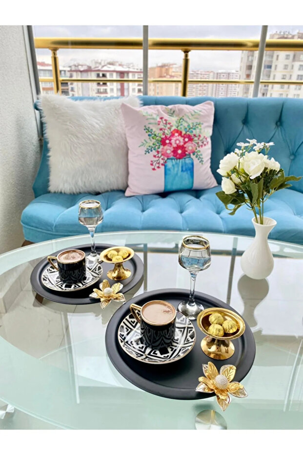 6-Piece Lily Flowering Round Black Presentation Tray, Decorative Serving Tray, Tea, Cake Coffee 24 Cm
