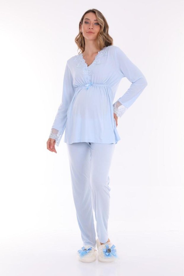 Women's Blue Lace Breastfeeding Featured Cotton Maternity Pajamas Set