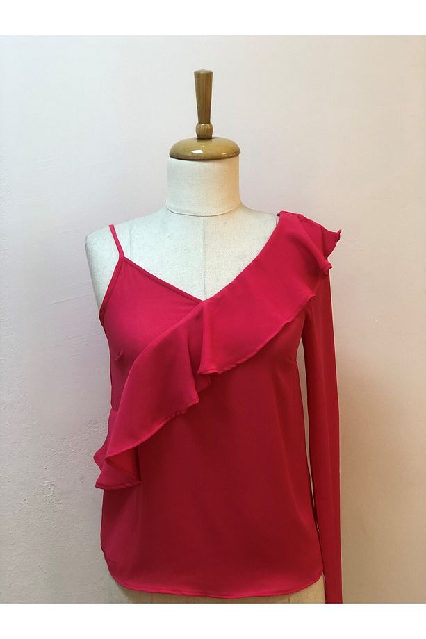 Neon Pembe Bluz Omuz Ve Fırfır Detaylı Tek Kol - 4
