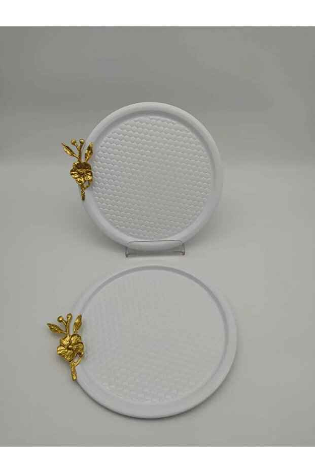 Set of 2 White Round Patterned Gold Floral Presentation Tray, Decorative Serving Tray Tea Coffee 23 Cm