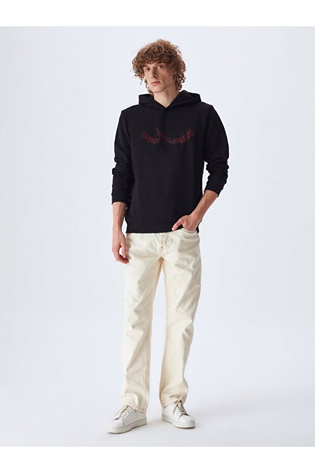 Logolu Kapüşonlu Siyah Sweatshırt - 1