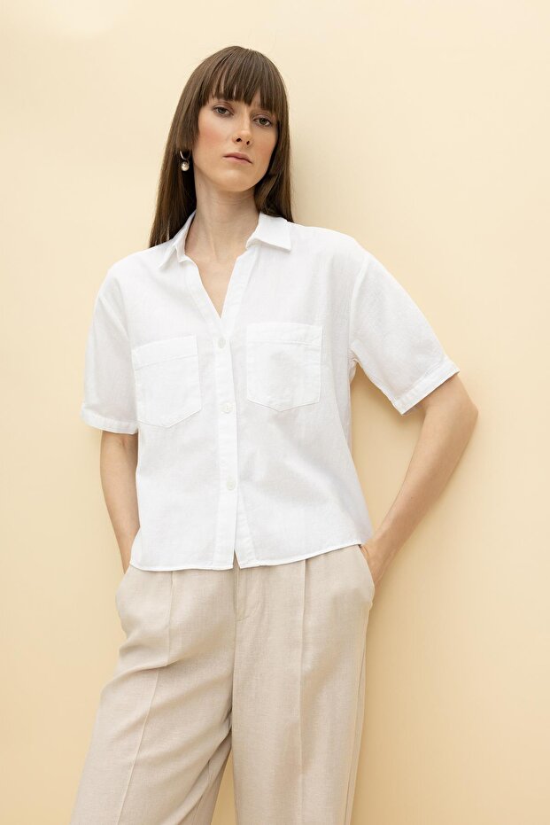 Boxy Fit Linen Look Short Sleeve Shirt V2523Az23Sm