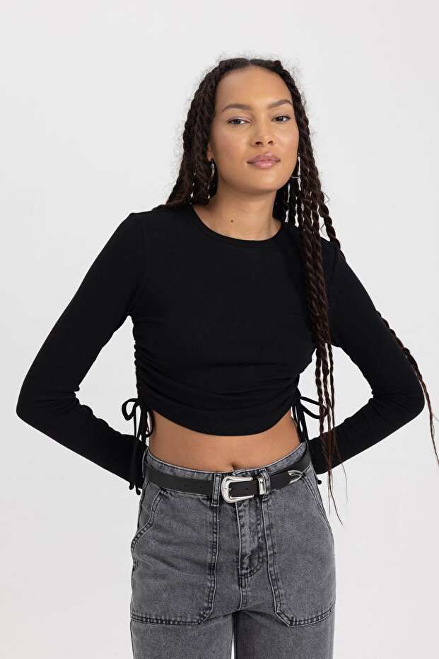 Fitted Basic Uzun Kollu Crop Tişört - 3