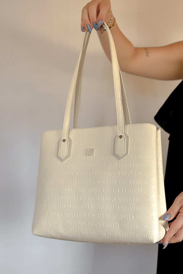 2 Compartments 5 Compartments Embossed Printed Large Size Women's Shoulder Bag 4028 Cream -Gzd-