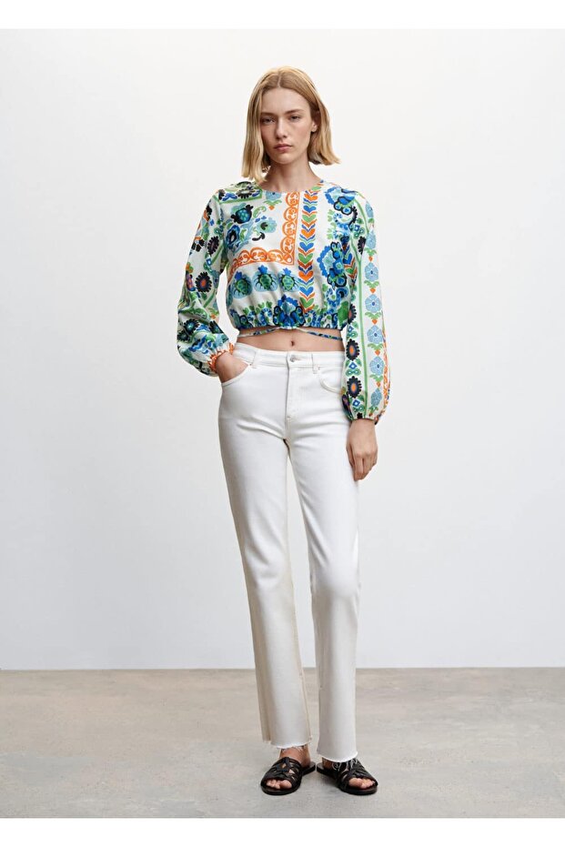 Desenli balon kol bluz - 2