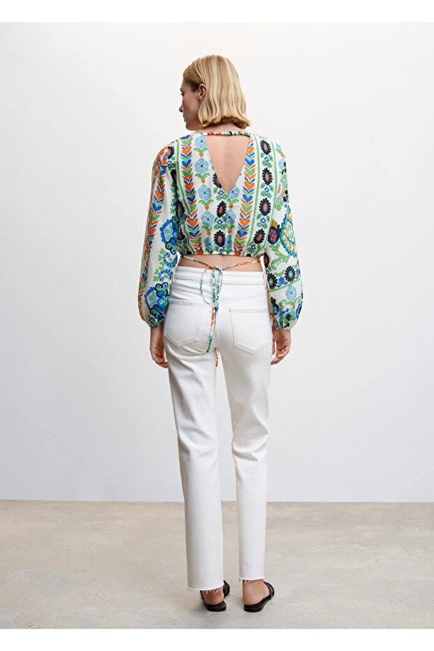 Desenli balon kol bluz - 4