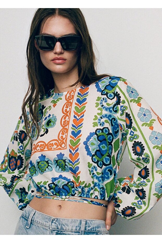 Desenli balon kol bluz - 6