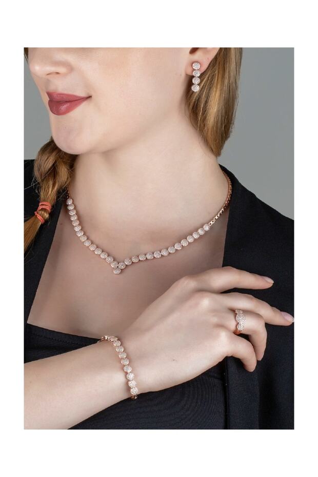 Gümüş Zirkon Taşlı Abiye "kolye-yüzük-küpe-bileklik" Tasarım Set - 1