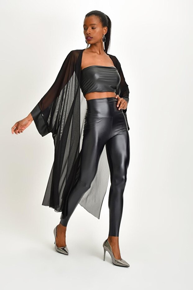 Deri Deyatlı Tül Hırka - 5